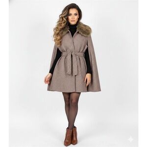 Womens Cape Coat Tweed Houndstooth Faux Fur